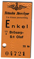 Tågbiljett, enkel mellan Brösarp och S:t Olof med Skånska Järnvägar.